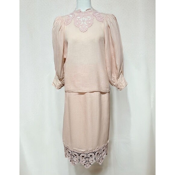 VTG 80's Capriccio by Digna Pink 100% Linen Blouse Skirt Set Victorian Lace Sz 6 - Picture 7 of 16